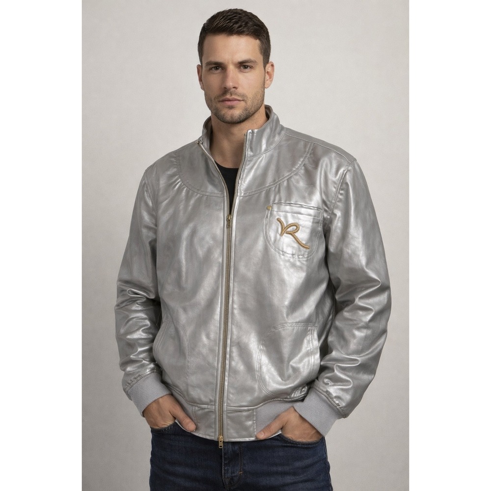 Rocawear Mens Metallic Silver Faux Leather Bomber Jacket Gold Logo 2X Streetwear